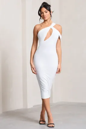 Ella | White Asymmetric Neck Cut Out Midi Dress