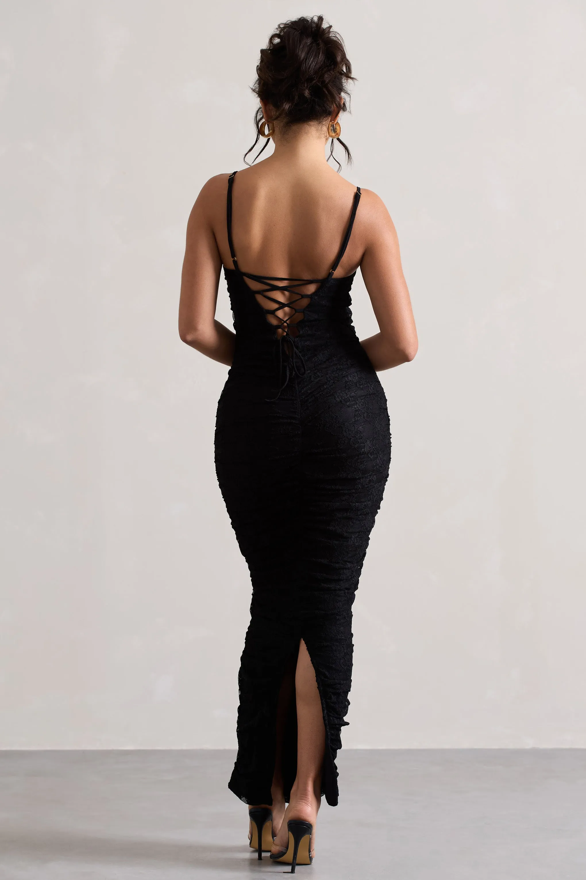 Ellis | Black Lace Strappy Bodycon Maxi Dress