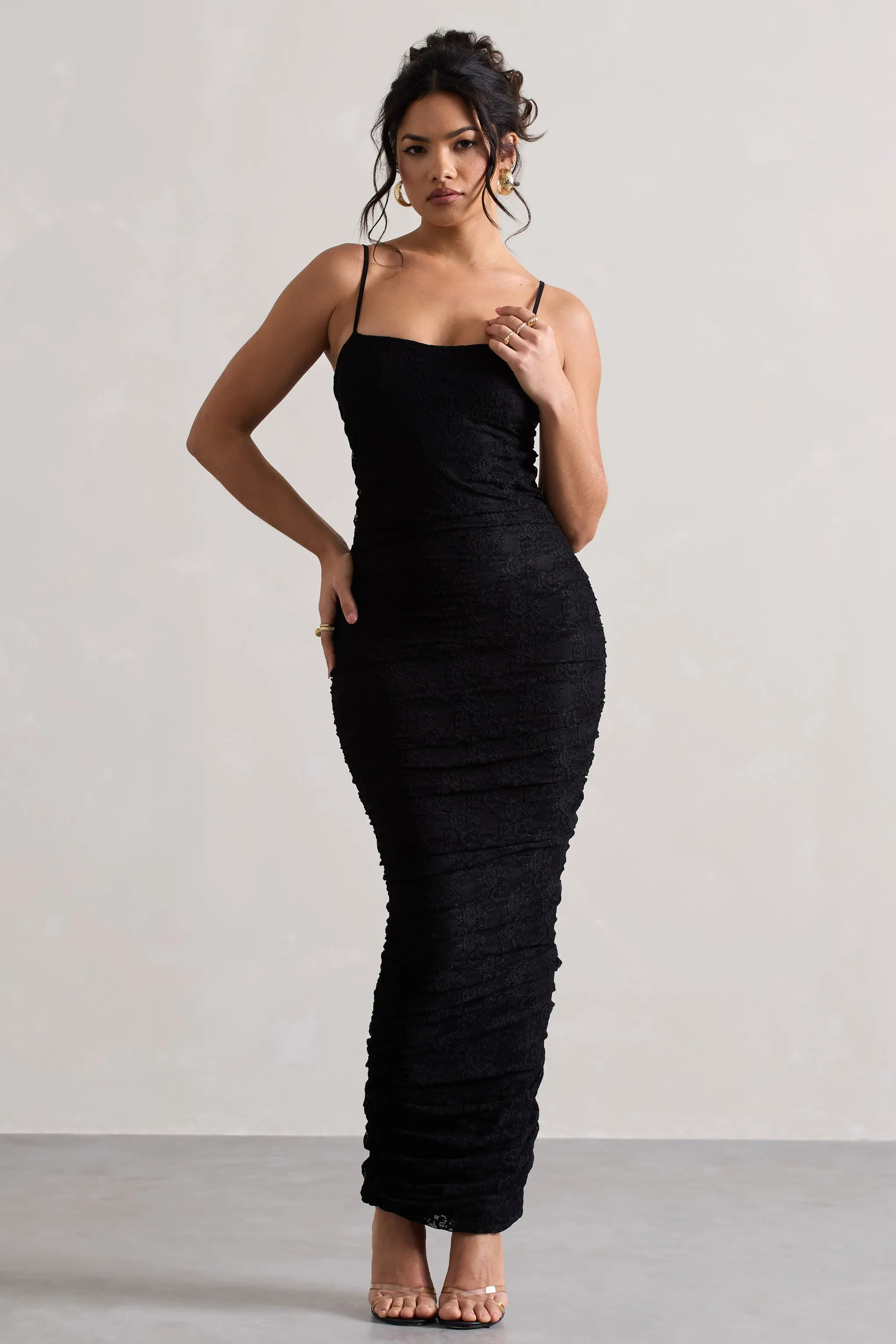 Ellis | Black Lace Strappy Bodycon Maxi Dress