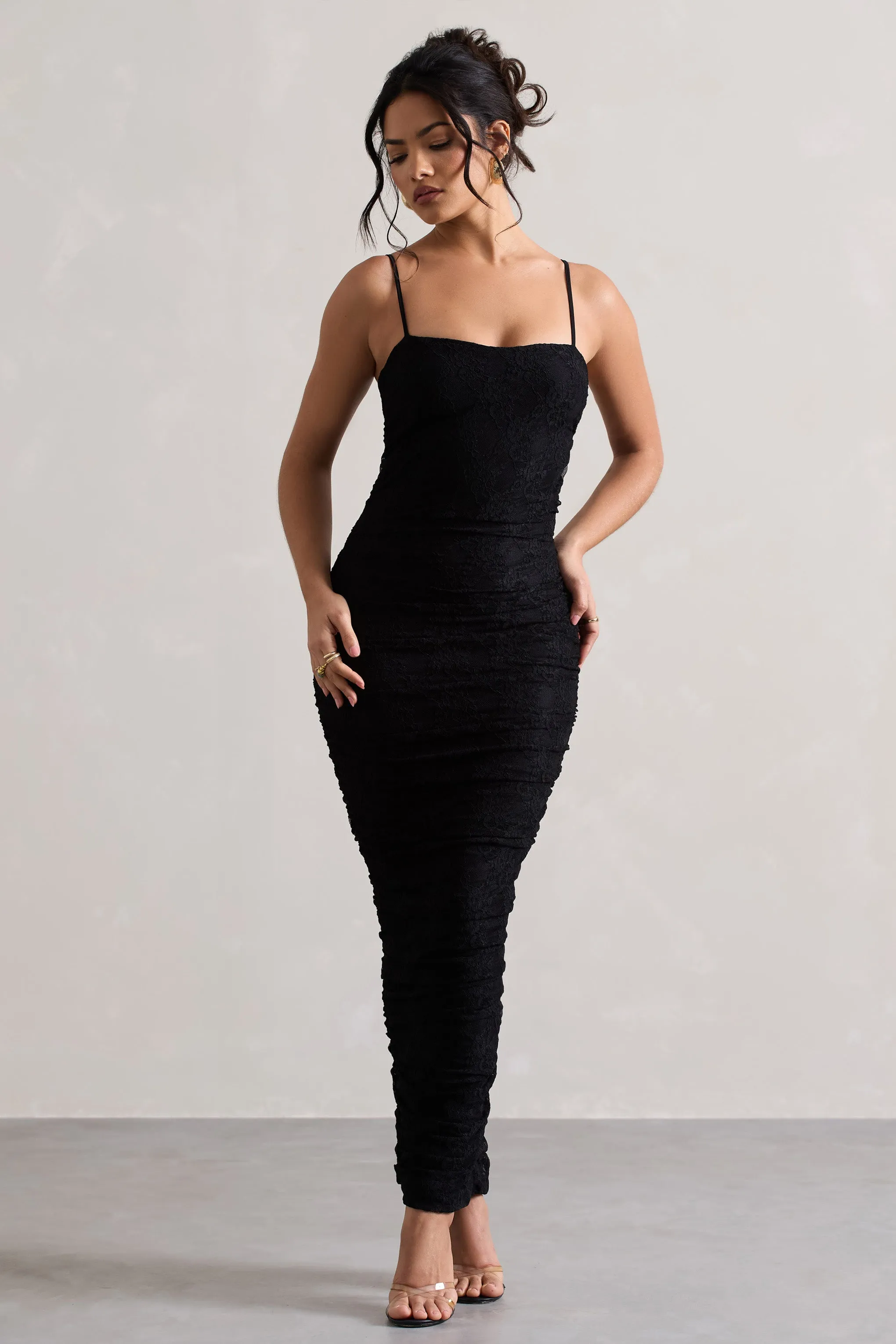 Ellis | Black Lace Strappy Bodycon Maxi Dress