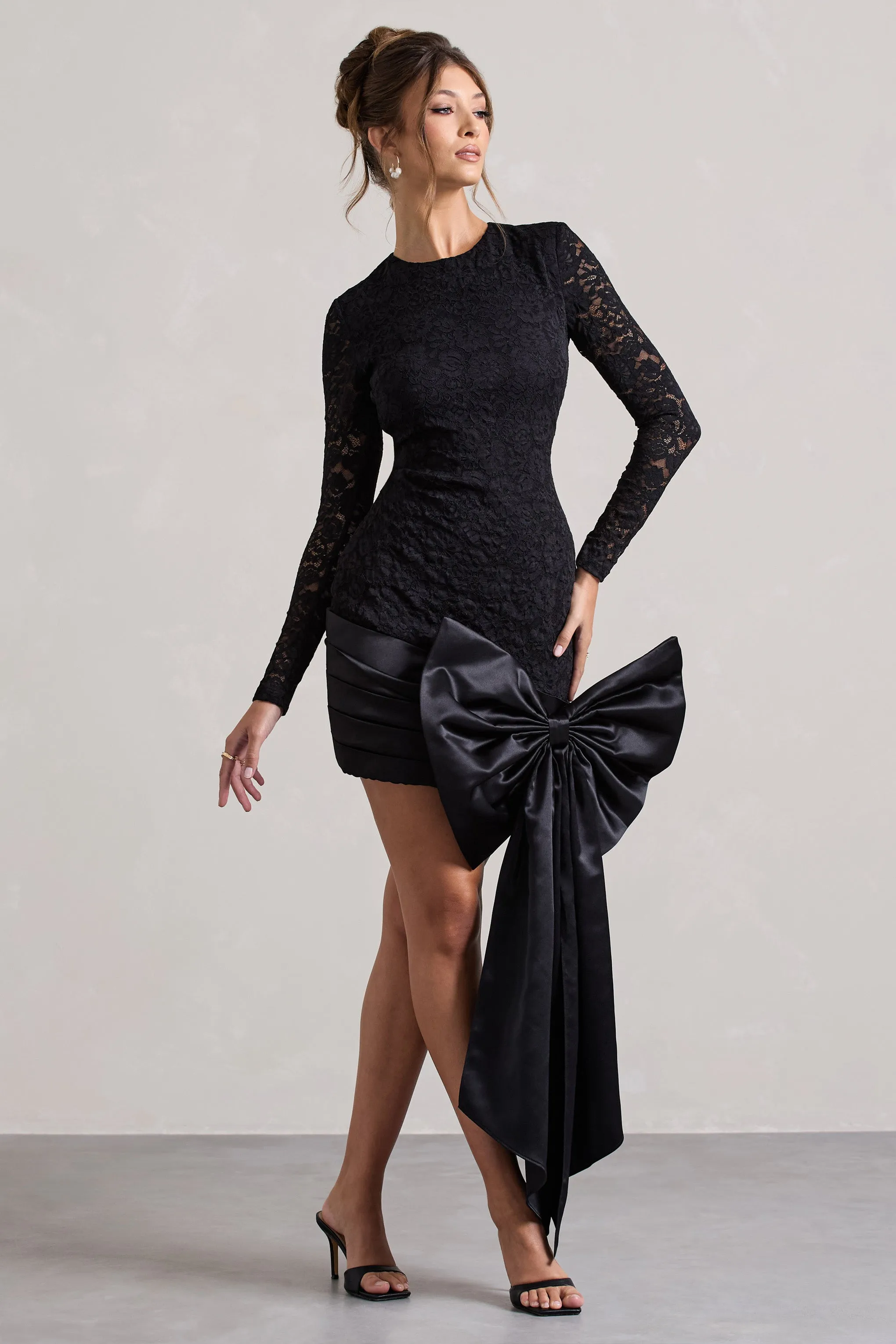 Evry | Black Lace Long-Sleeve Mini Dress With Oversized Satin Bow