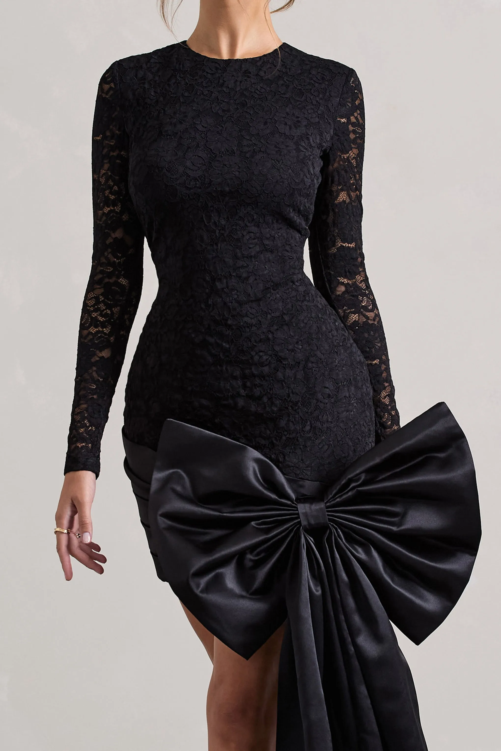 Evry | Black Lace Long-Sleeve Mini Dress With Oversized Satin Bow