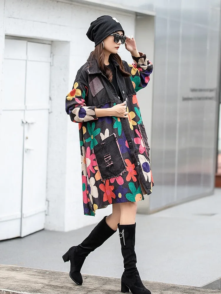 Floral Print Patchwork Spliced Denim Coat