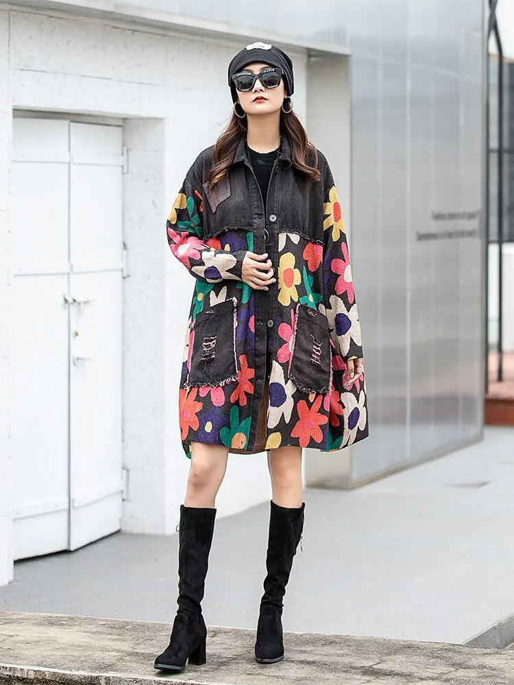 Floral Print Patchwork Spliced Denim Coat