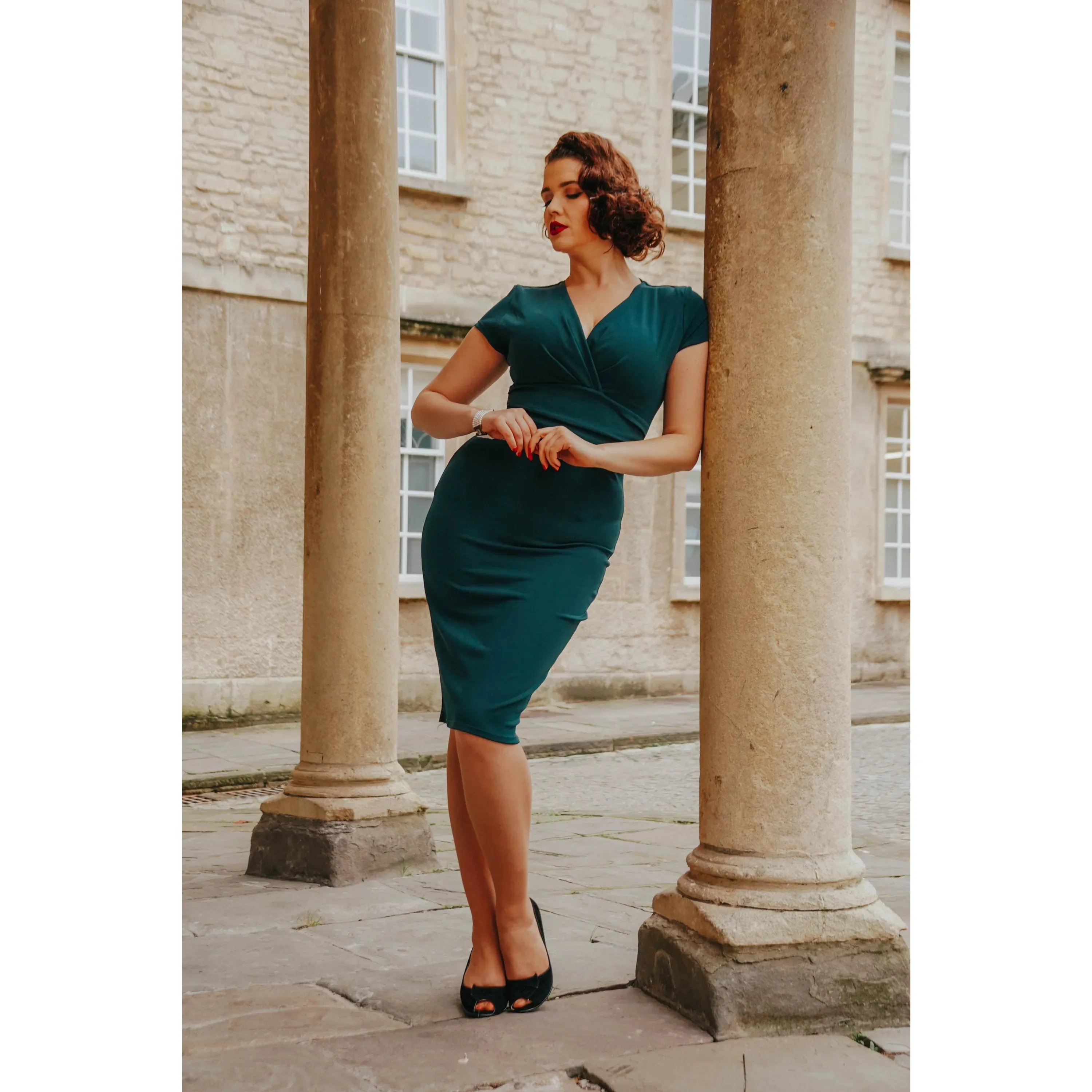 Forest Green Deep V Cap Sleeve Bodycon Ruched Waist Wiggle Dress