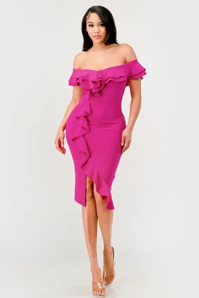 Fuchsia Off Shoulder Ruffle Trim Bodycon Dress