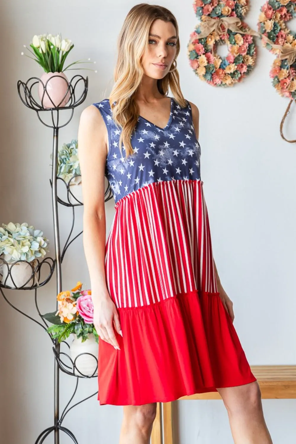 Full Size US Flag Theme Contrast Tank Dress