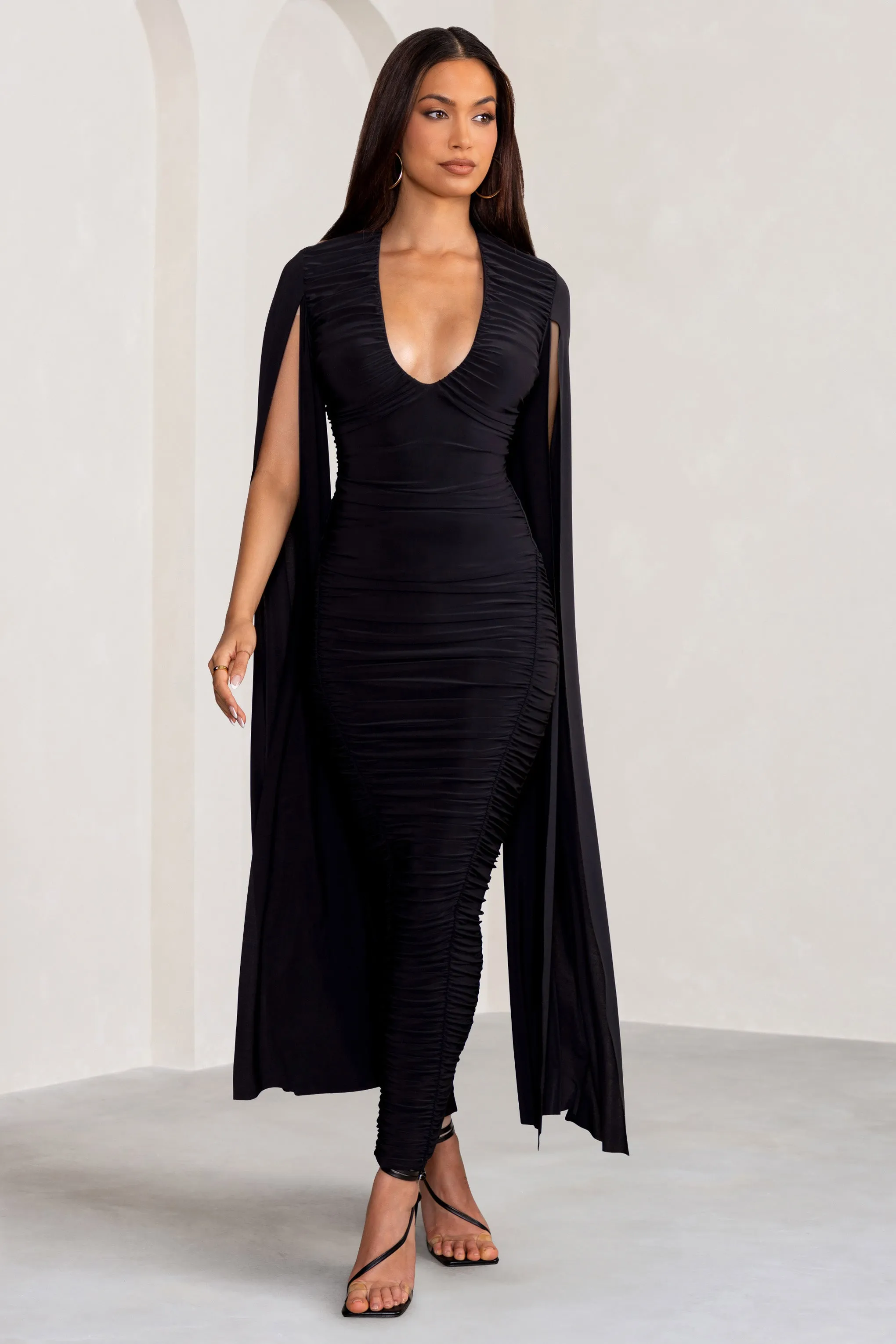 Georgiana | Black Plunge Ruched Maxi Dress with Cape Sleeves