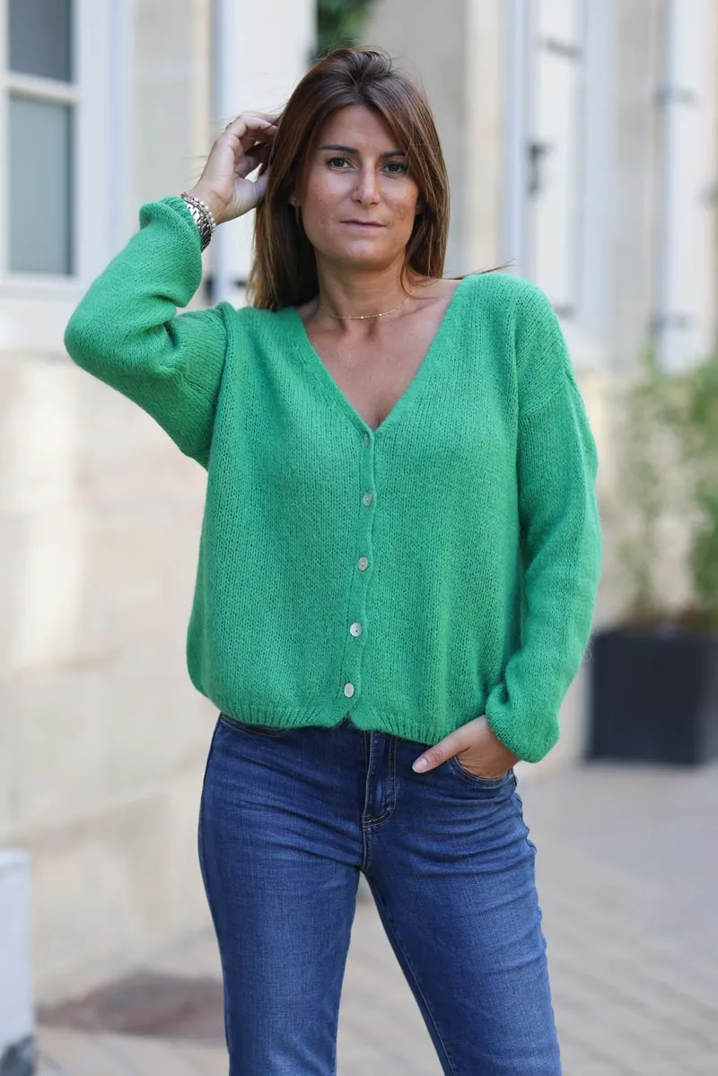 Gilet vert petite maille boutons nacrés