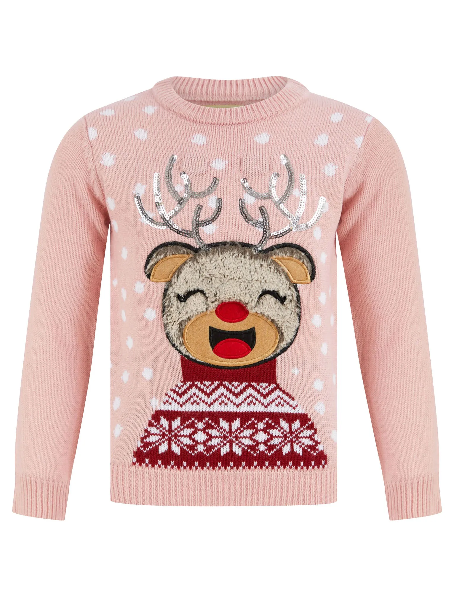 Girl's Joy Vixen LED Light Up Novelty Christmas Jumper in Pink Almond Blossom - Merry Christmas Kids (4-12yrs)