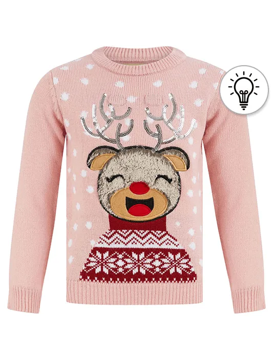 Girl's Joy Vixen LED Light Up Novelty Christmas Jumper in Pink Almond Blossom - Merry Christmas Kids (4-12yrs)