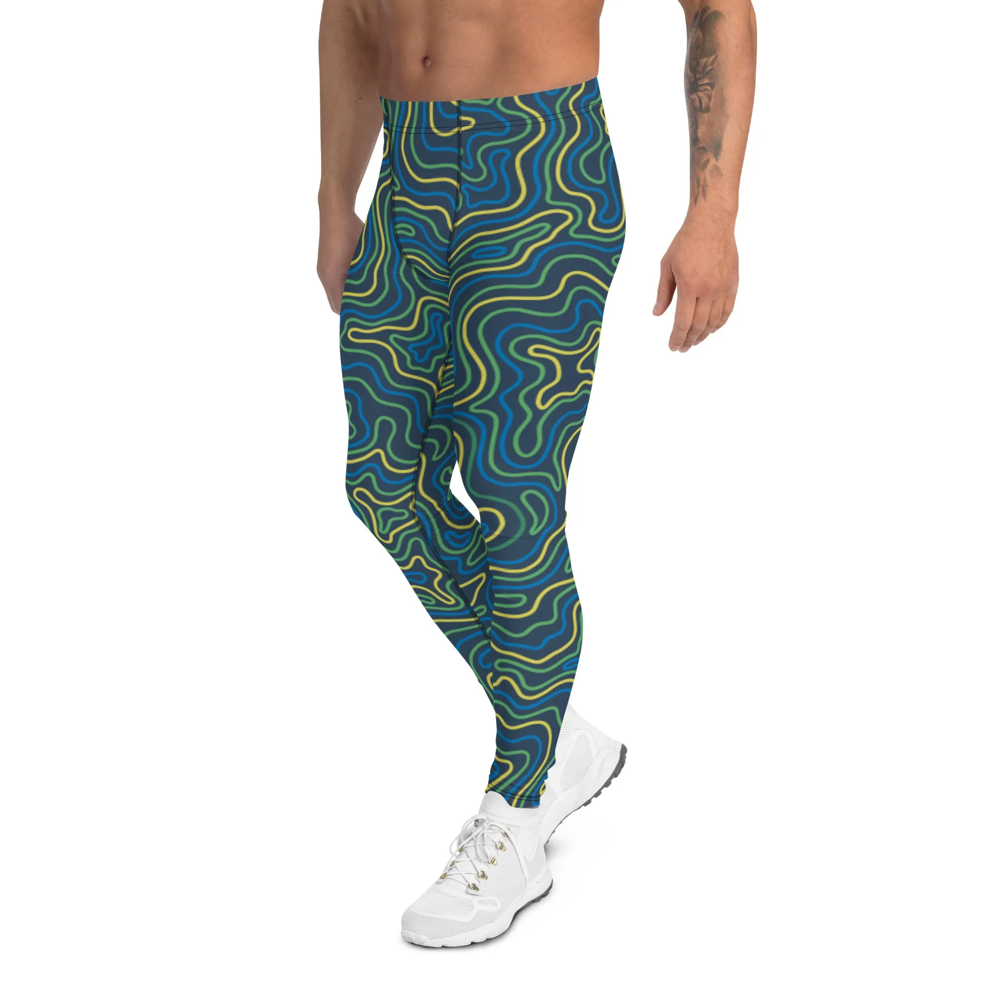 Green Abstract Printed Men's Leggings, Green Yellow Multicolored Abstract Printed Sexy Meggings - Made in USA/EU/MX