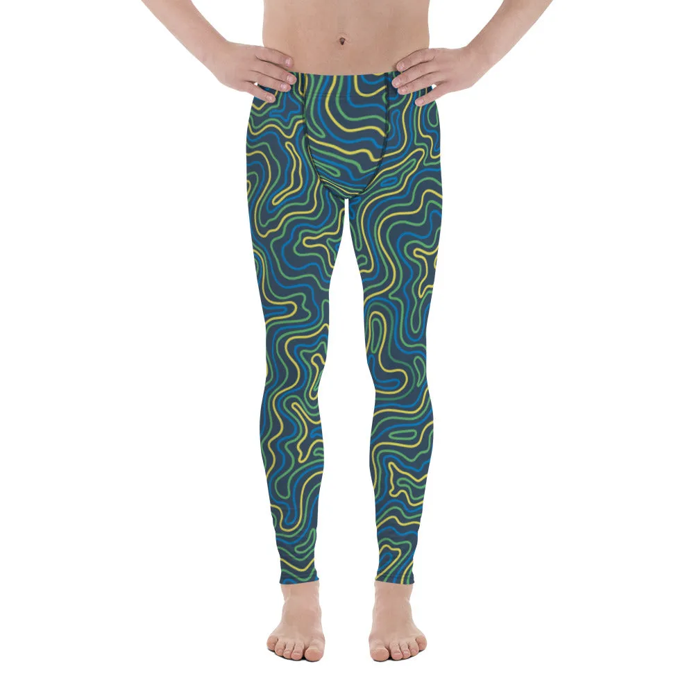 Green Abstract Printed Men's Leggings, Green Yellow Multicolored Abstract Printed Sexy Meggings - Made in USA/EU/MX