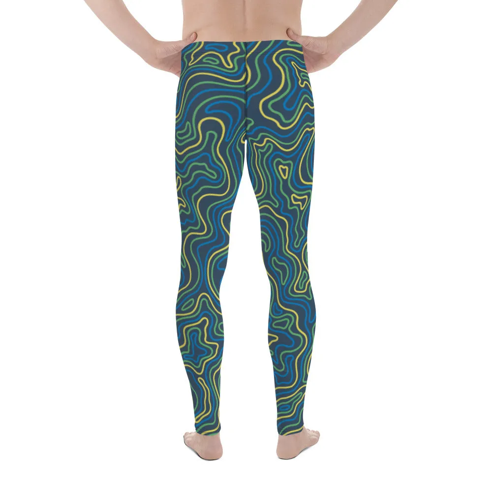 Green Abstract Printed Men's Leggings, Green Yellow Multicolored Abstract Printed Sexy Meggings - Made in USA/EU/MX