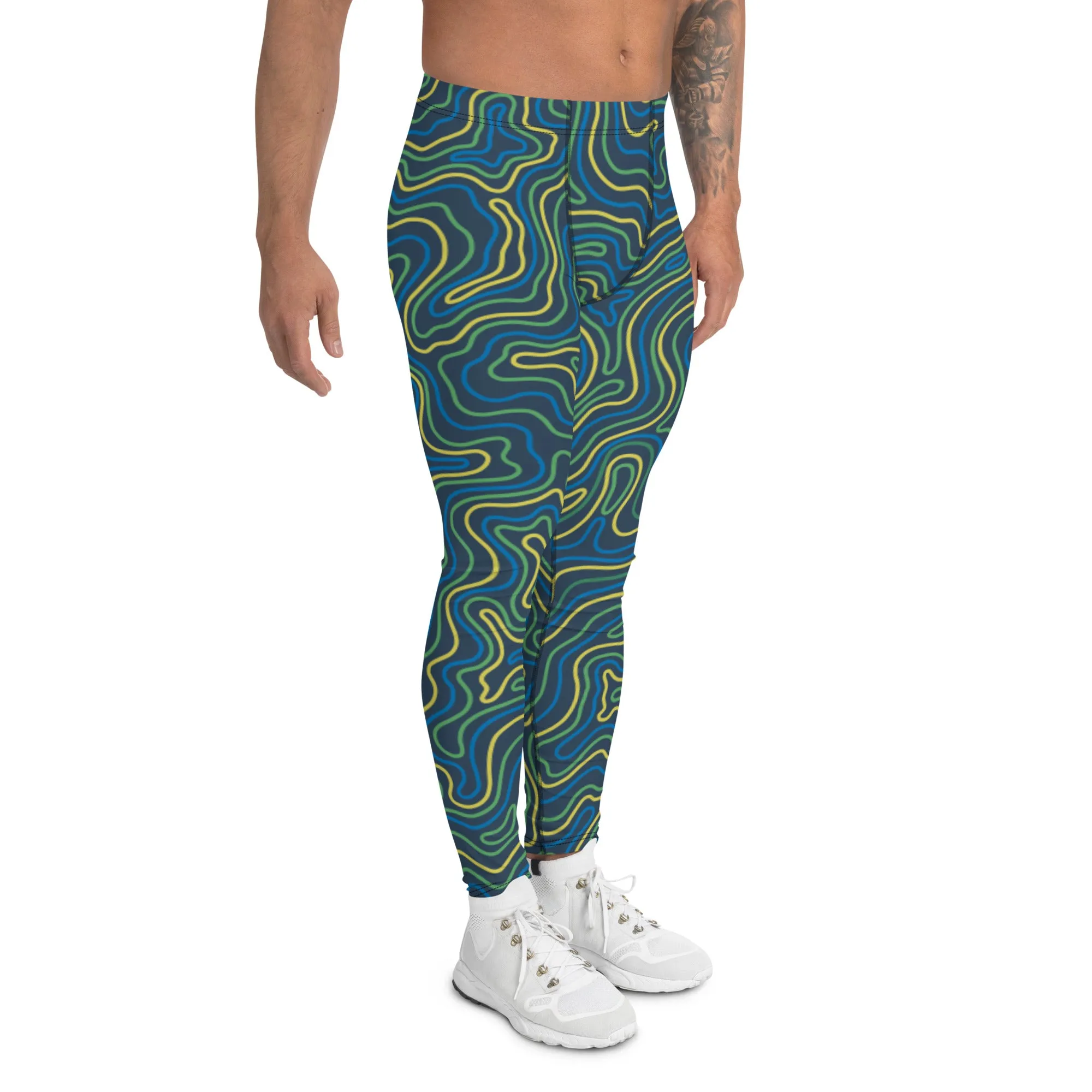 Green Abstract Printed Men's Leggings, Green Yellow Multicolored Abstract Printed Sexy Meggings - Made in USA/EU/MX