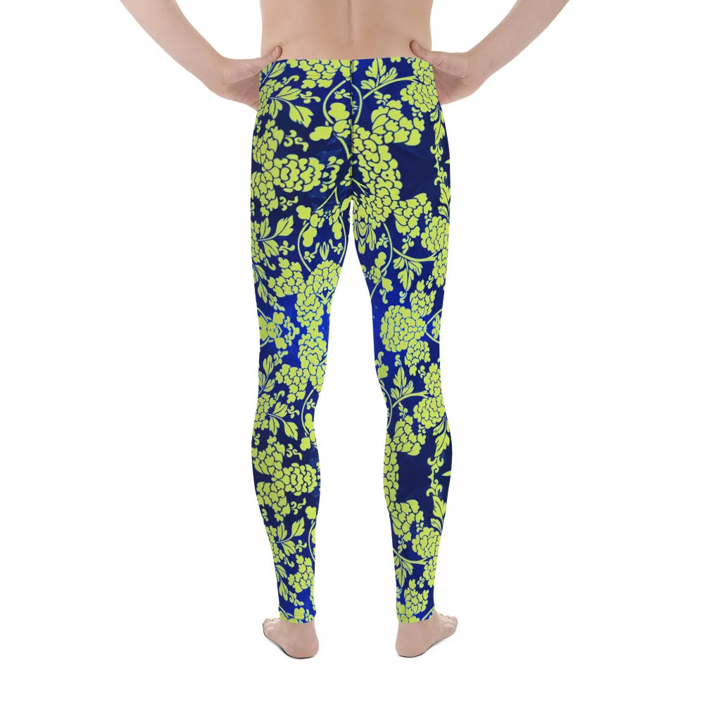 Green Blue Floral Print Meggings, Best Blue and Green Oriental Style Floral Print Meggings Compression Tights - Made in USA/EU/MX