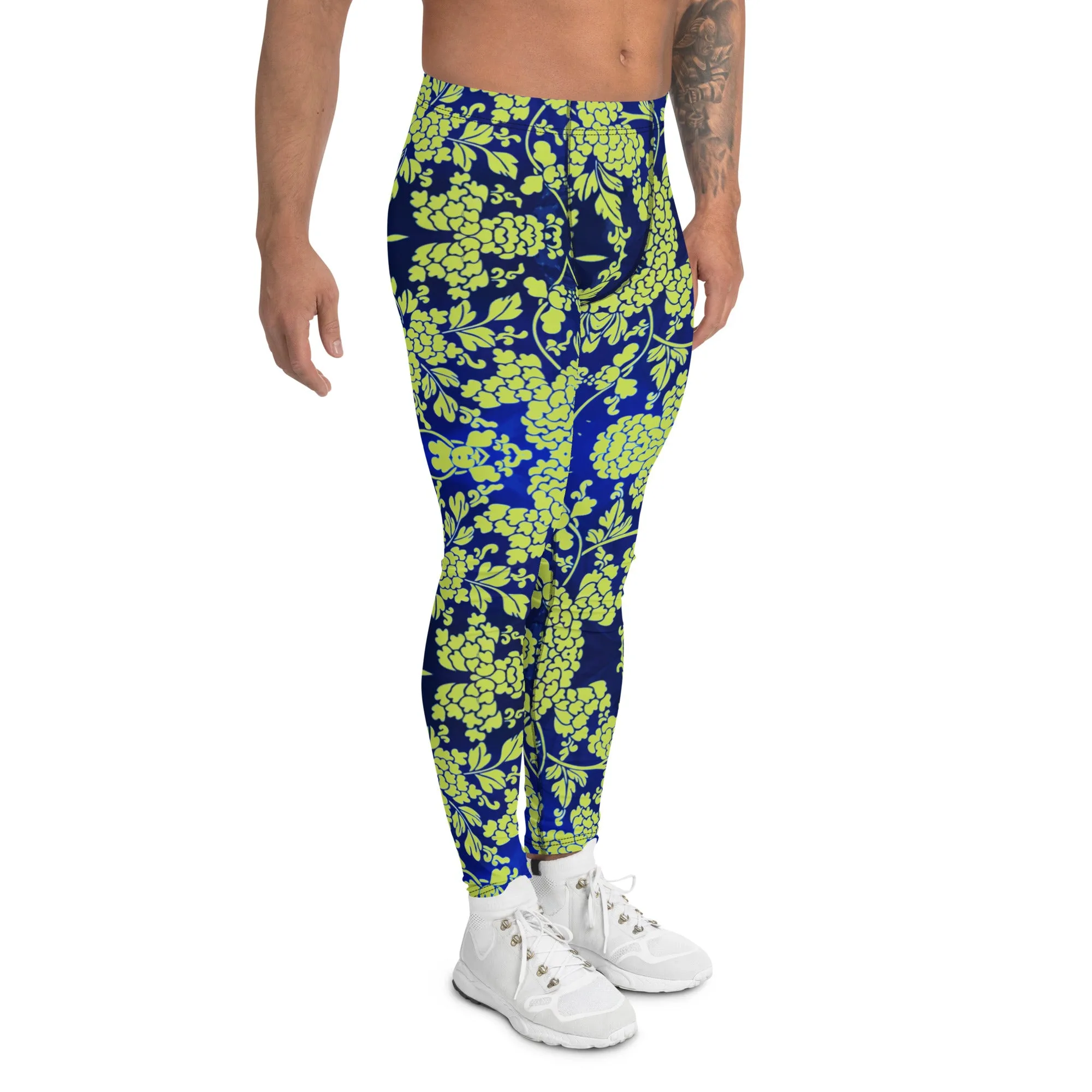 Green Blue Floral Print Meggings, Best Blue and Green Oriental Style Floral Print Meggings Compression Tights - Made in USA/EU/MX