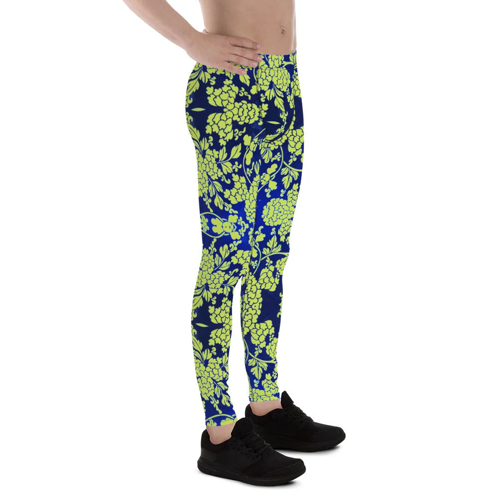 Green Blue Floral Print Meggings, Best Blue and Green Oriental Style Floral Print Meggings Compression Tights - Made in USA/EU/MX