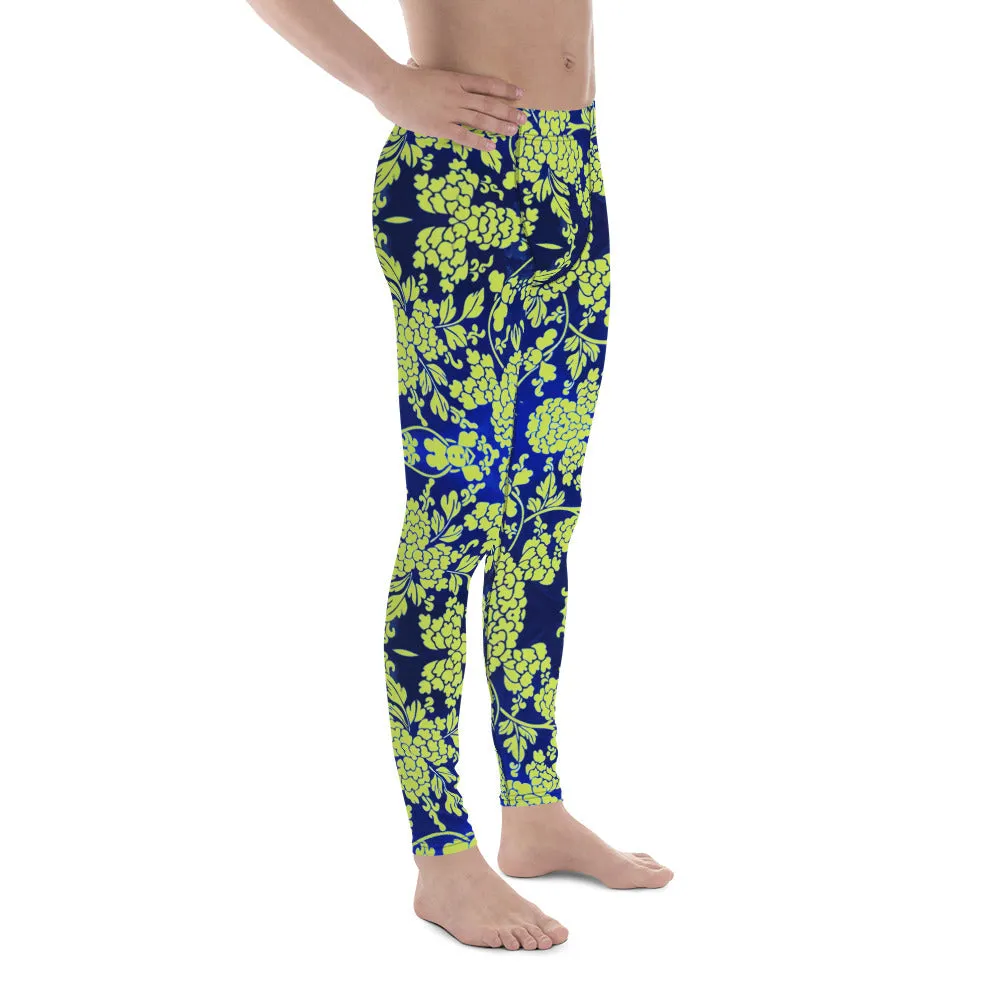 Green Blue Floral Print Meggings, Best Blue and Green Oriental Style Floral Print Meggings Compression Tights - Made in USA/EU/MX