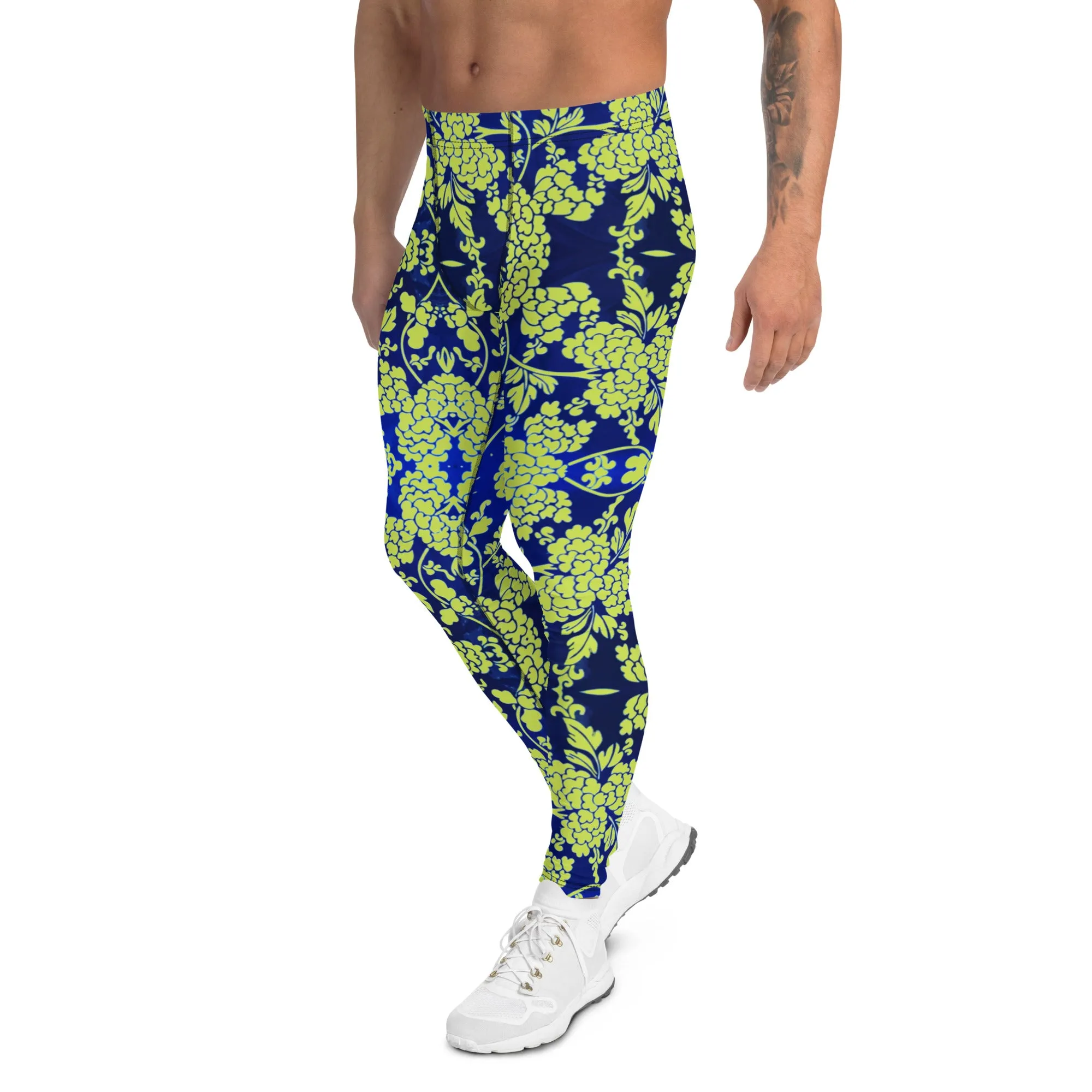 Green Blue Floral Print Meggings, Best Blue and Green Oriental Style Floral Print Meggings Compression Tights - Made in USA/EU/MX