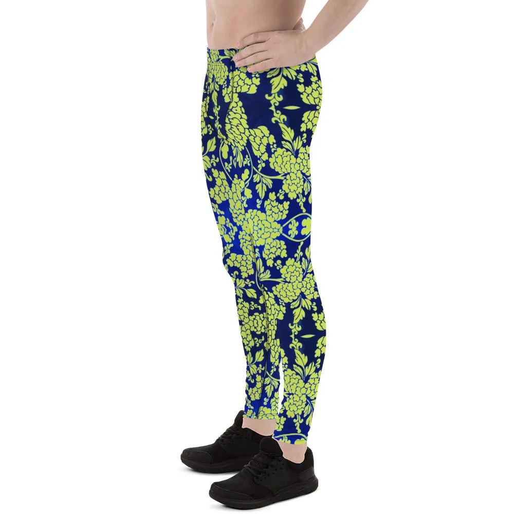 Green Blue Floral Print Meggings, Best Blue and Green Oriental Style Floral Print Meggings Compression Tights - Made in USA/EU/MX