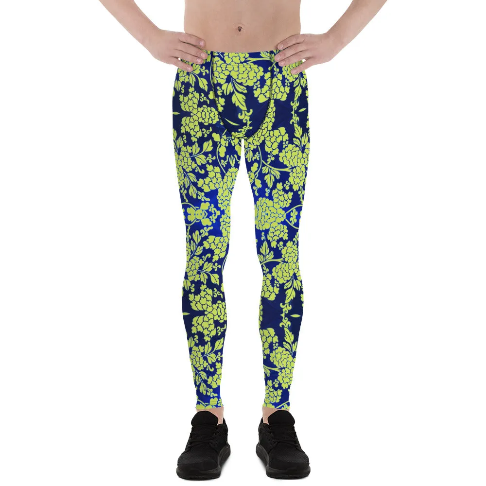 Green Blue Floral Print Meggings, Best Blue and Green Oriental Style Floral Print Meggings Compression Tights - Made in USA/EU/MX