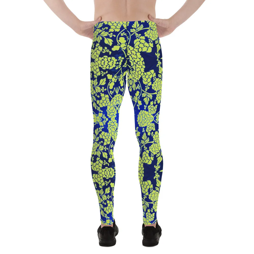 Green Blue Floral Print Meggings, Best Blue and Green Oriental Style Floral Print Meggings Compression Tights - Made in USA/EU/MX