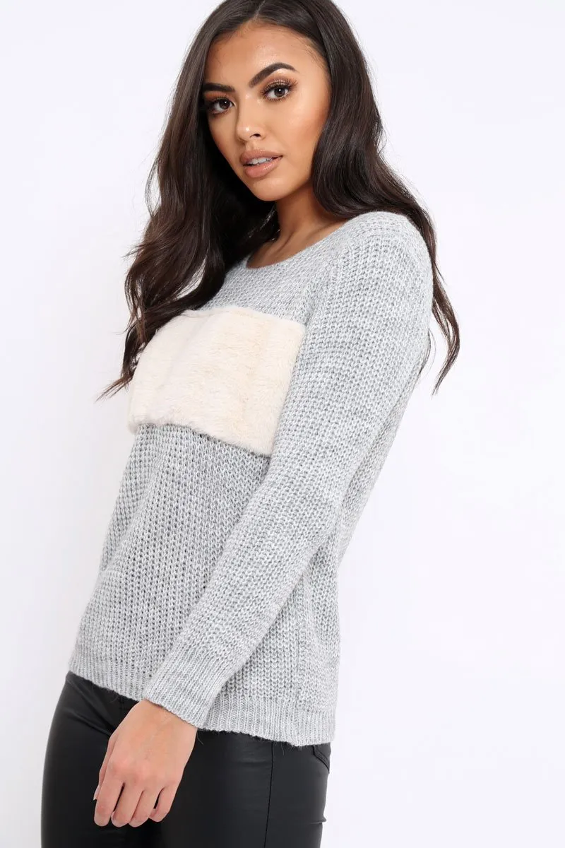 Grey Chunky Knit Faux Fur Front Panel Jumper - Ophelia