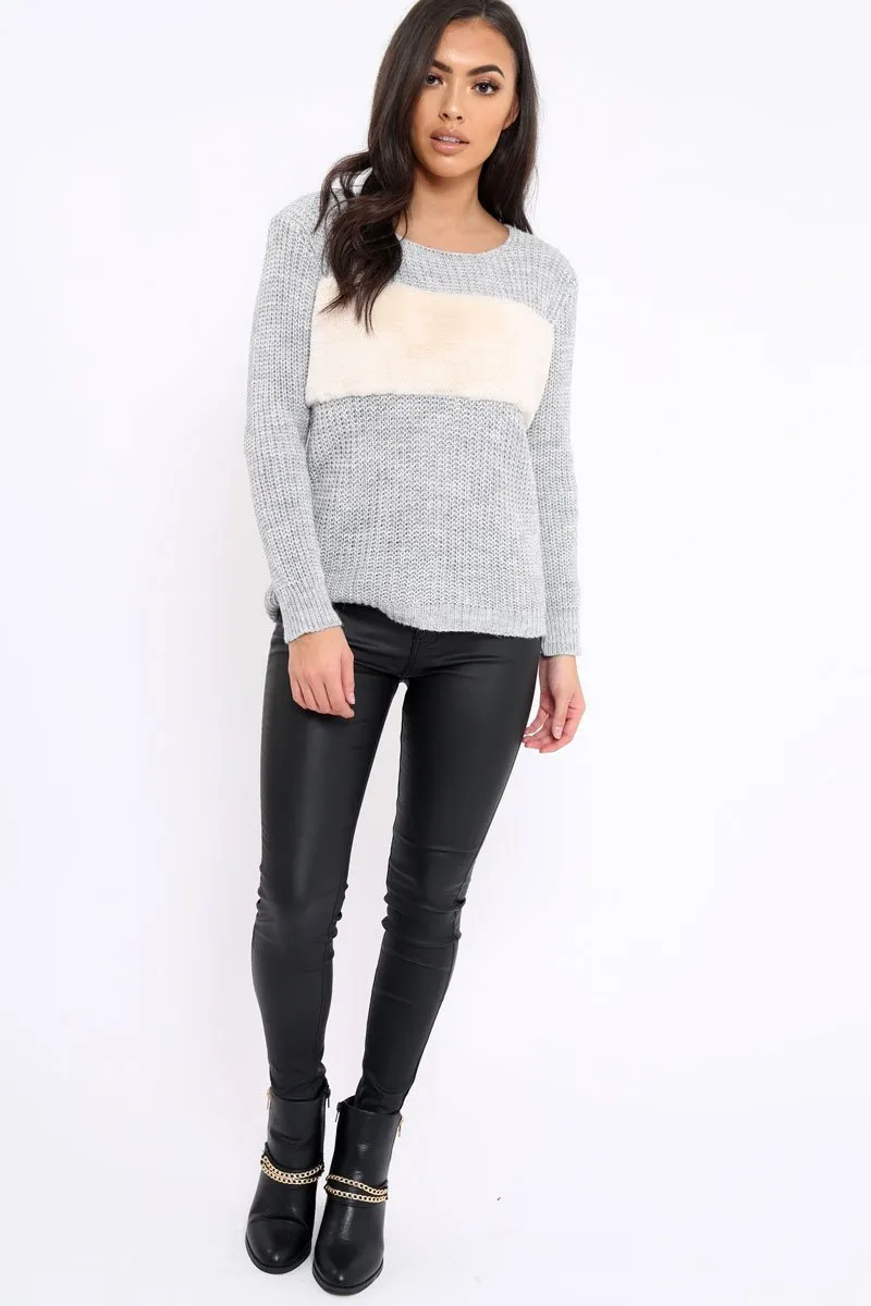 Grey Chunky Knit Faux Fur Front Panel Jumper - Ophelia