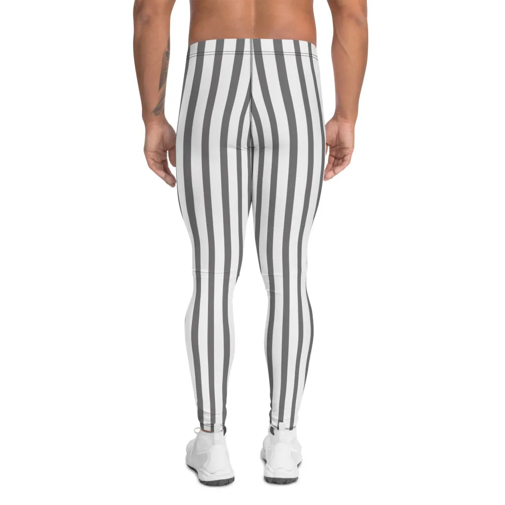 Grey Vertical Striped Men's Leggings, Circus Festival Rave Minimalism Meggings-Made in USA/EU