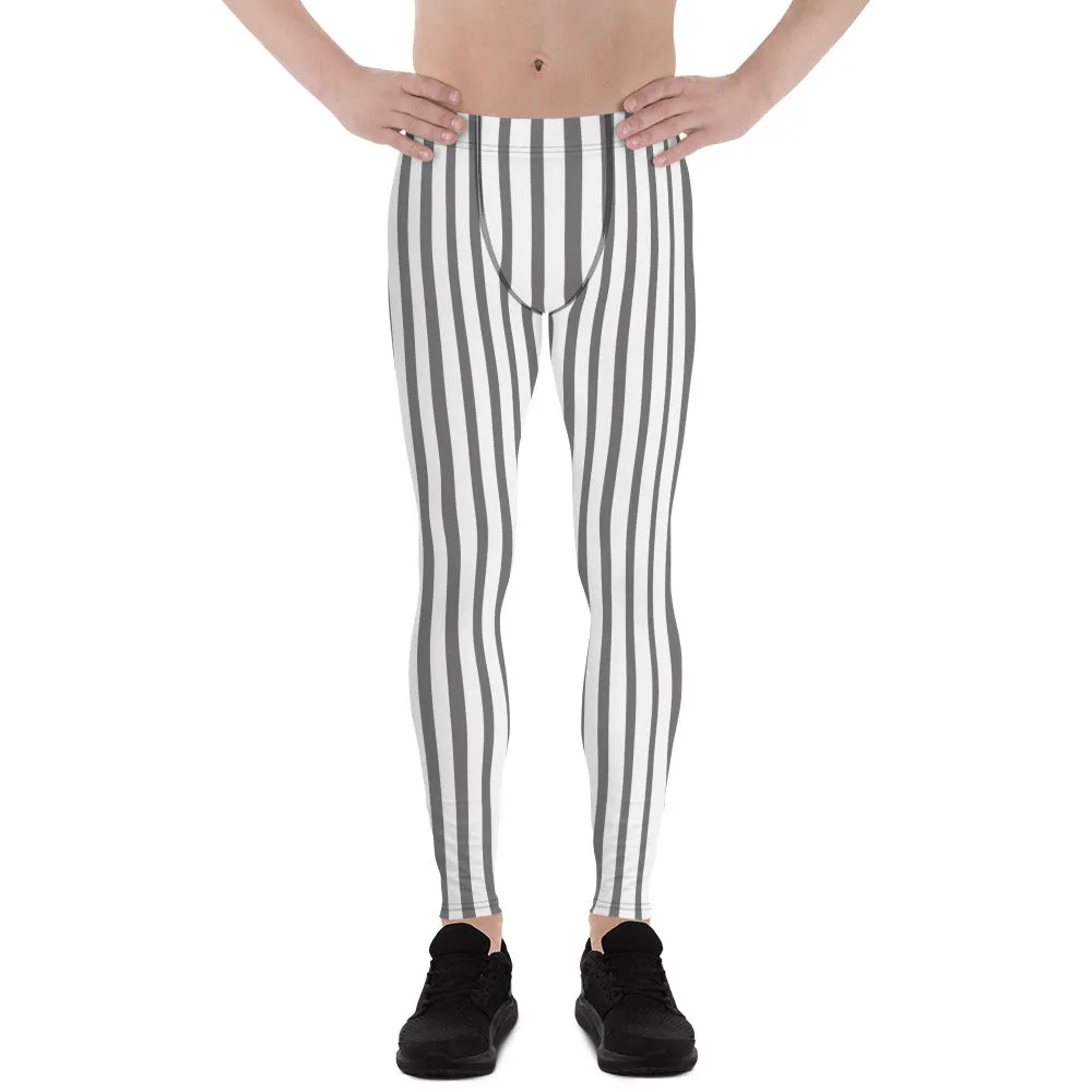 Grey Vertical Striped Men's Leggings, Circus Festival Rave Minimalism Meggings-Made in USA/EU