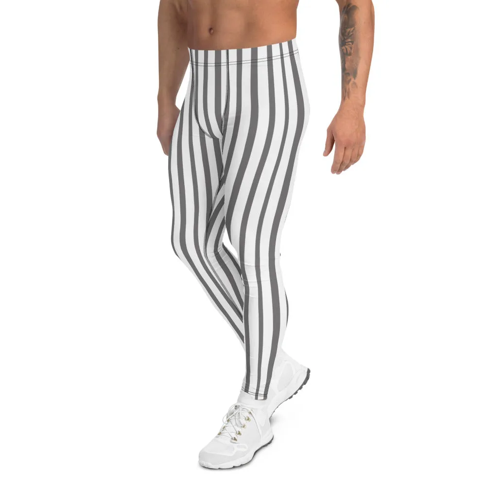 Grey Vertical Striped Men's Leggings, Circus Festival Rave Minimalism Meggings-Made in USA/EU