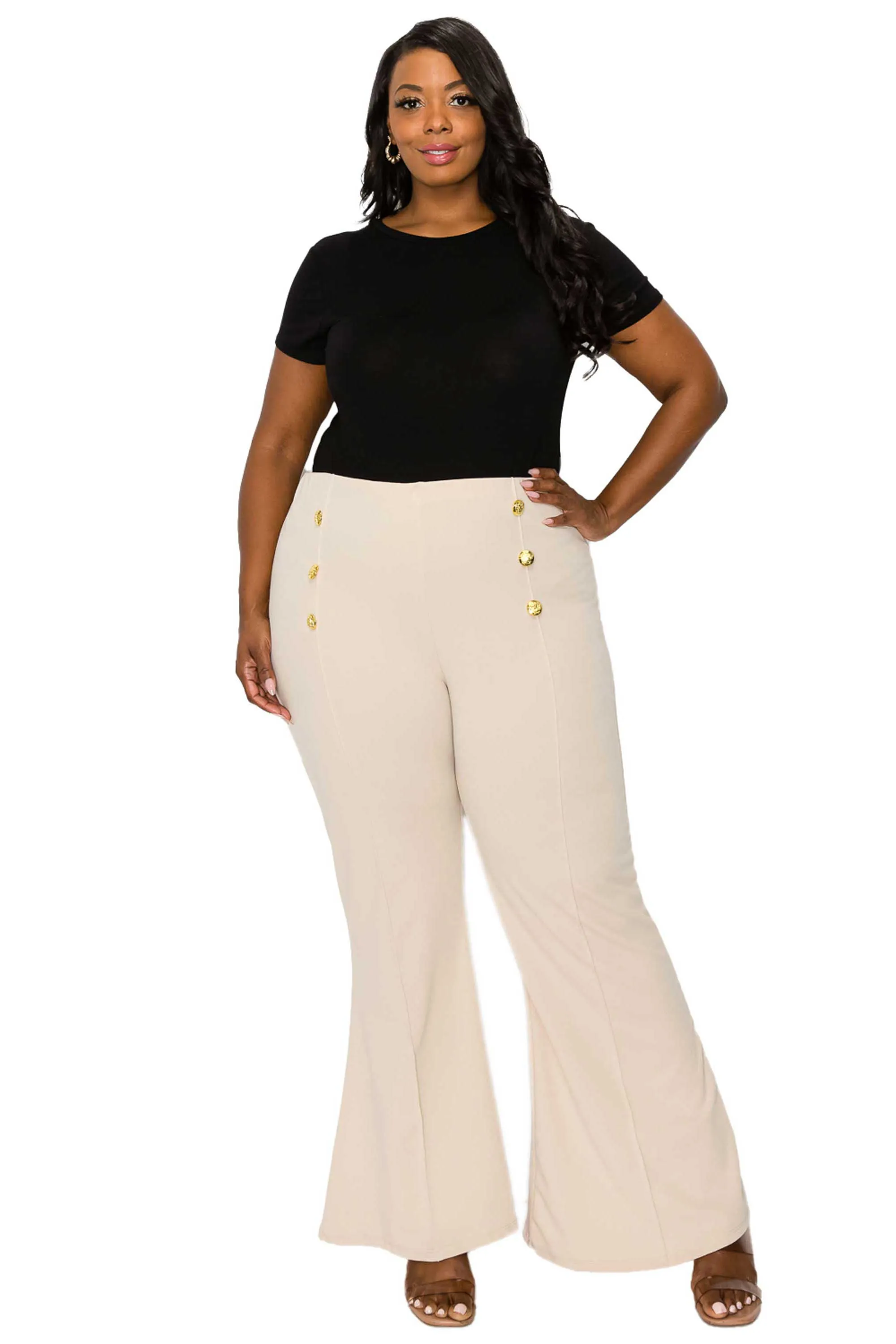 High Waisted Button Detail Flare Pants