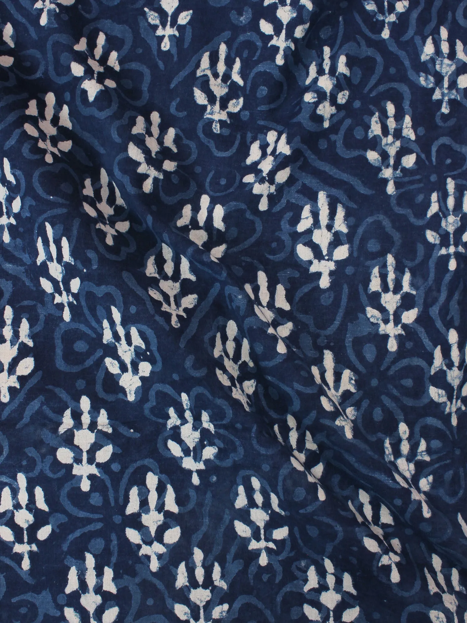 Indigo White Natural Dyed Hand Block Printed Cotton Fabric Per Meter - F0916033