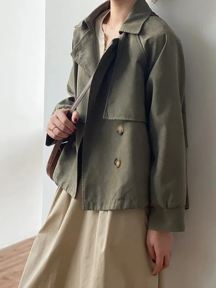 Japanese Turn down Collar Full Regular Sleeve Khaki Trench Loose Straight Short Khaki Office Lady Fabric Belt Coat