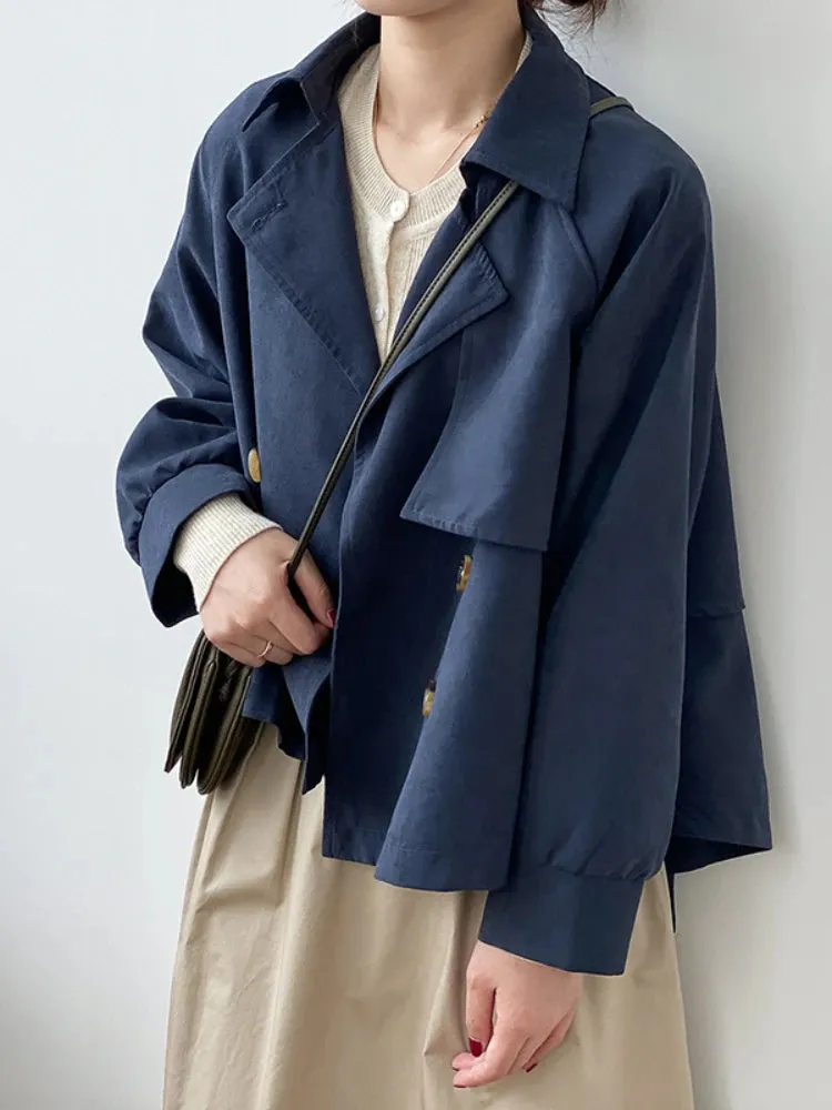 Japanese Turn down Collar Full Regular Sleeve Khaki Trench Loose Straight Short Khaki Office Lady Fabric Belt Coat