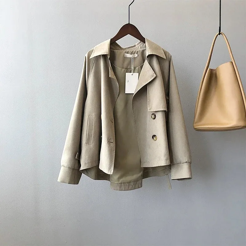 Japanese Turn down Collar Full Regular Sleeve Khaki Trench Loose Straight Short Khaki Office Lady Fabric Belt Coat