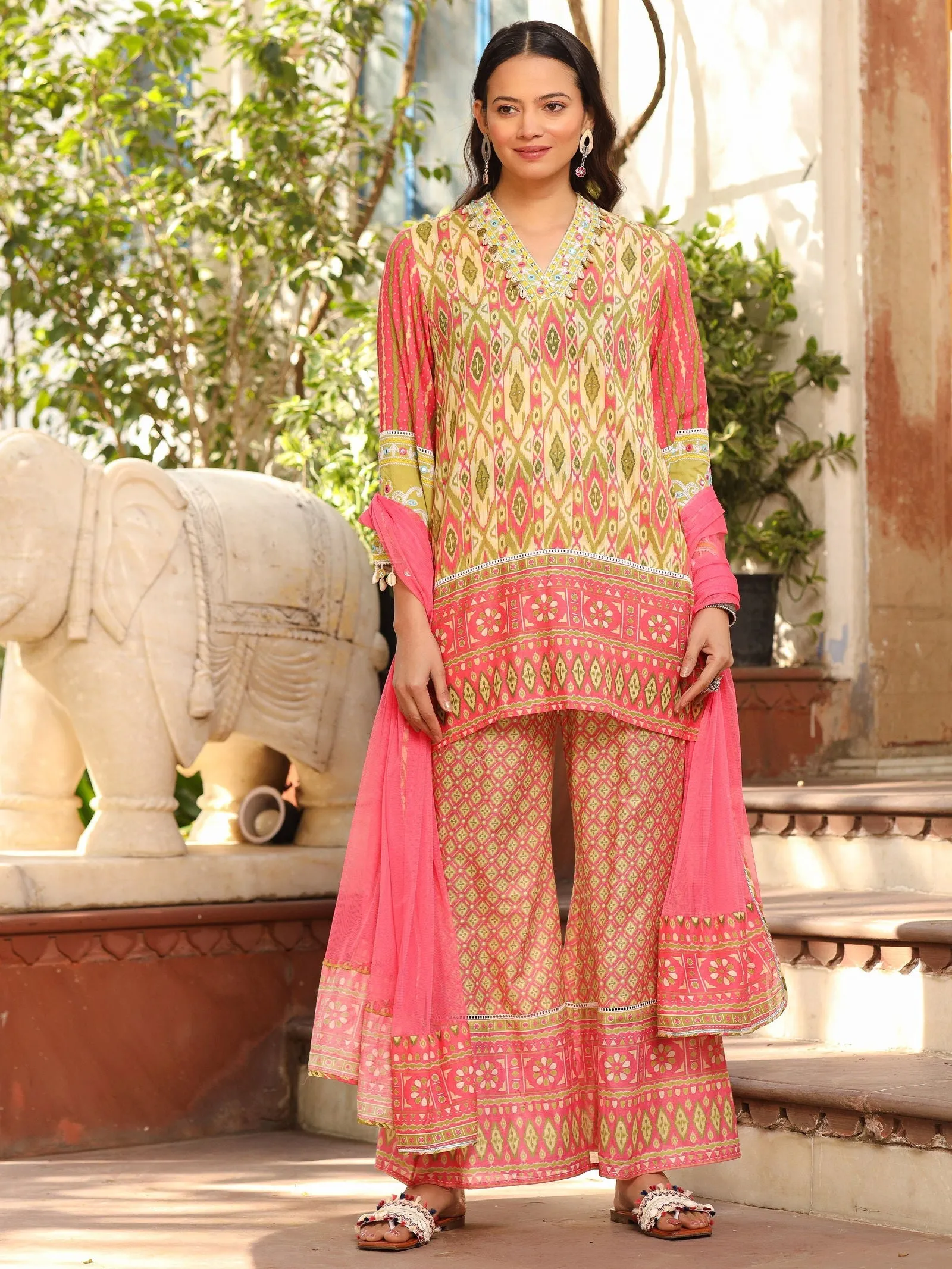 Jashvi Green Cotton Ikat Printed Short Kurta Bell Bottom & Dupatta With Threaded Embroidery & Kaudis