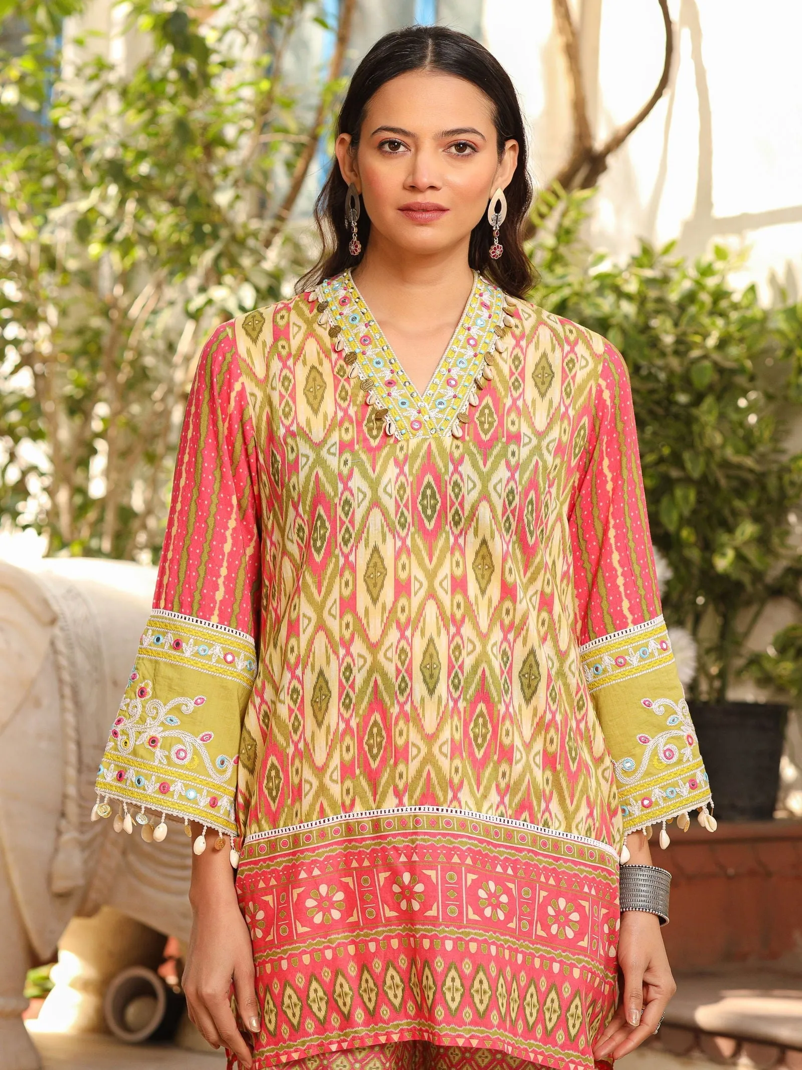 Jashvi Green Cotton Ikat Printed Short Kurta Bell Bottom & Dupatta With Threaded Embroidery & Kaudis