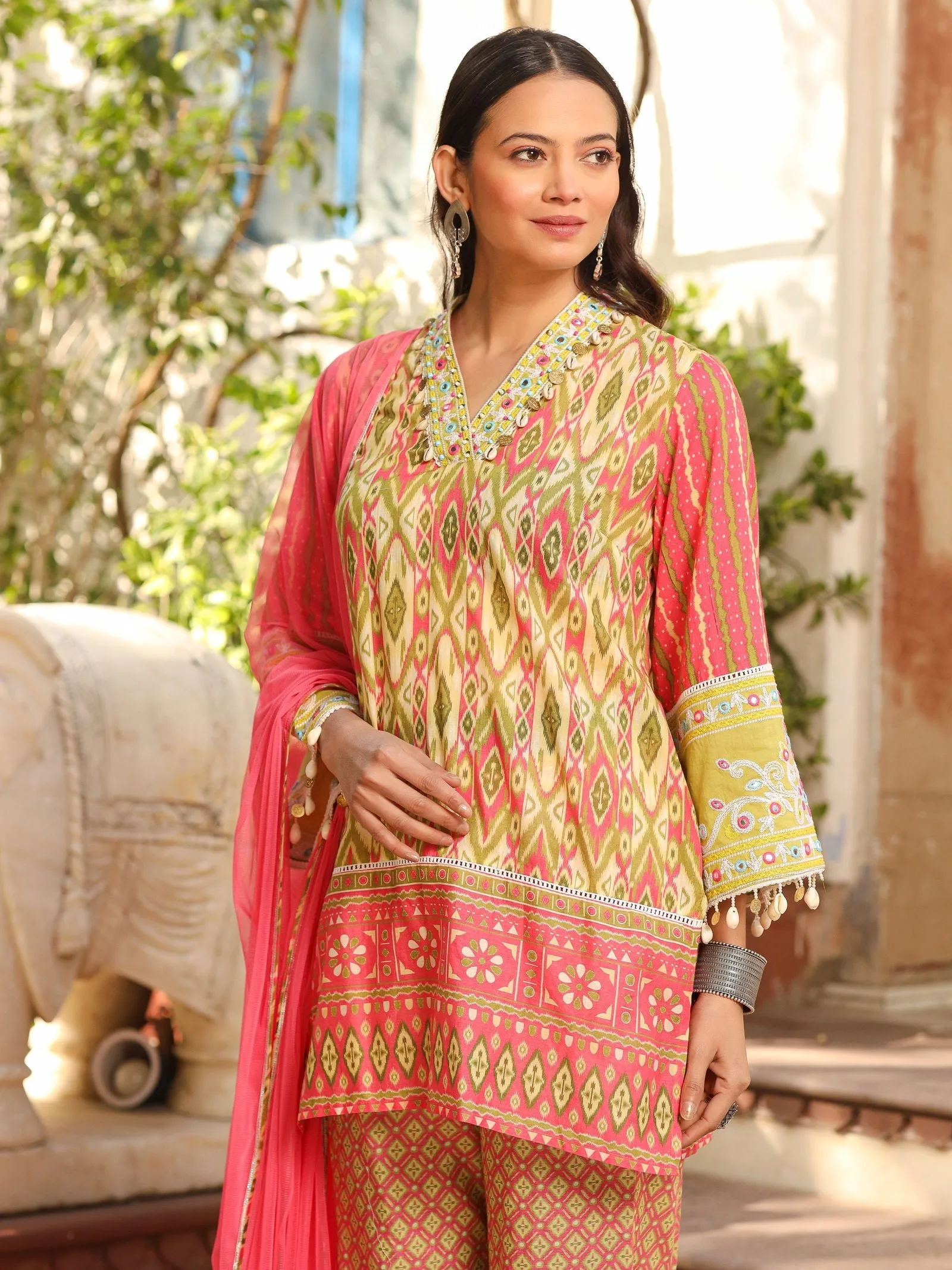 Jashvi Green Cotton Ikat Printed Short Kurta Bell Bottom & Dupatta With Threaded Embroidery & Kaudis