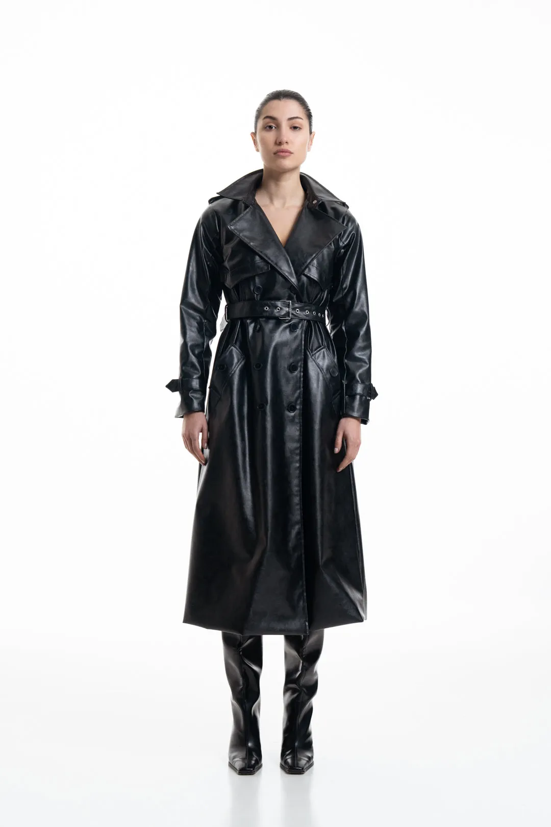 JET BLACK FAUX LEATHER TRENCH COAT