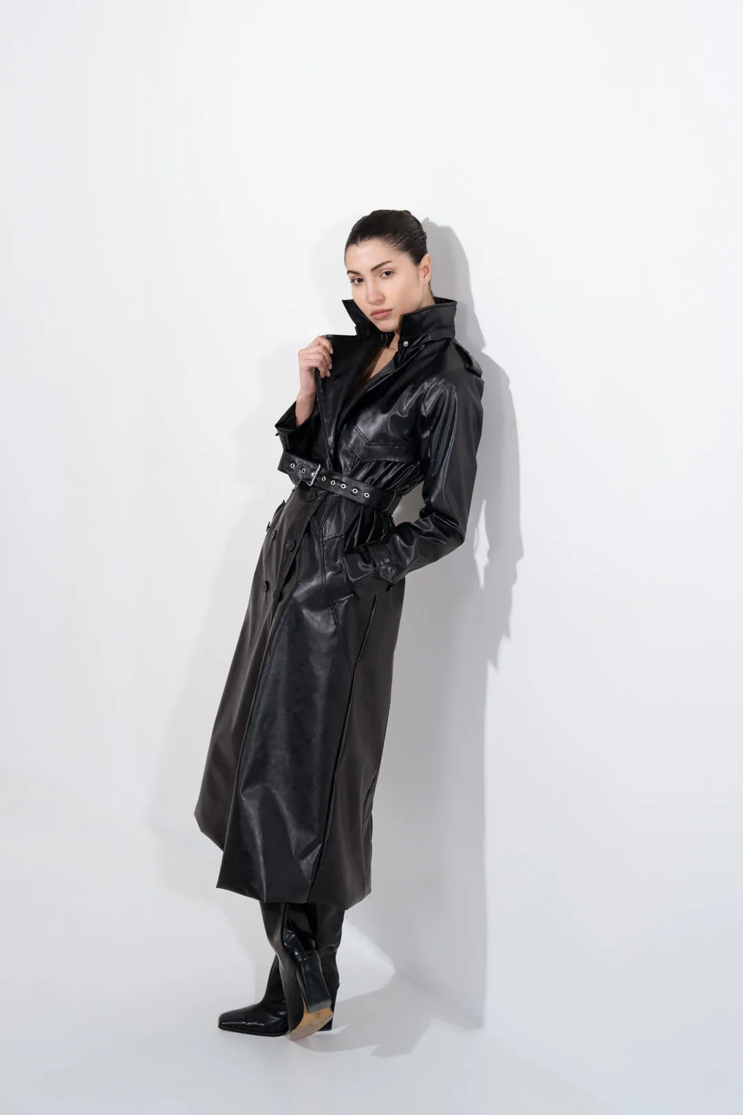 JET BLACK FAUX LEATHER TRENCH COAT