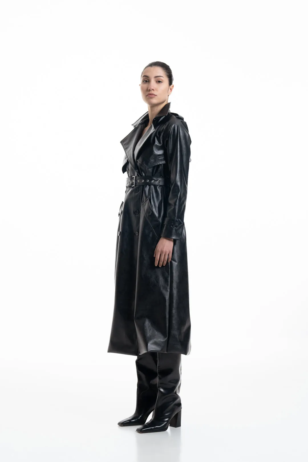 JET BLACK FAUX LEATHER TRENCH COAT