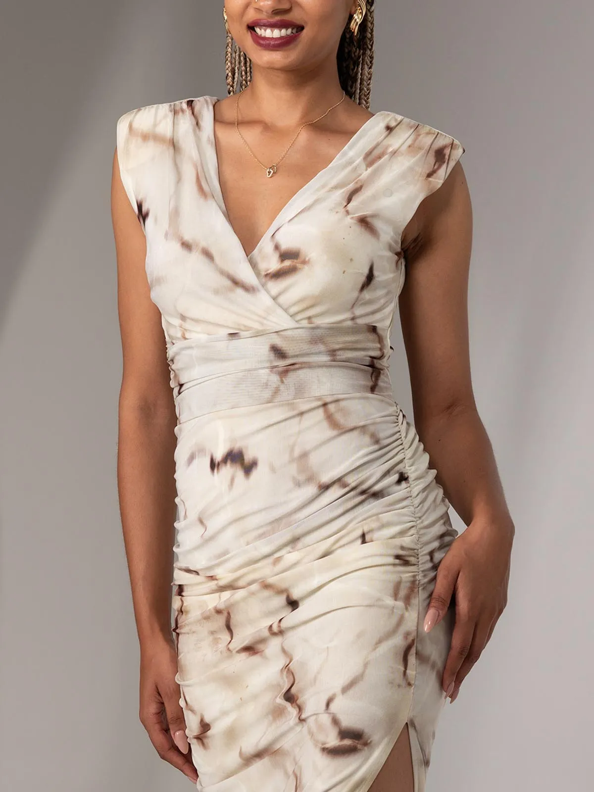 Katrina Sleeveless Ruched Bodycon Dress, Khaki Abstract