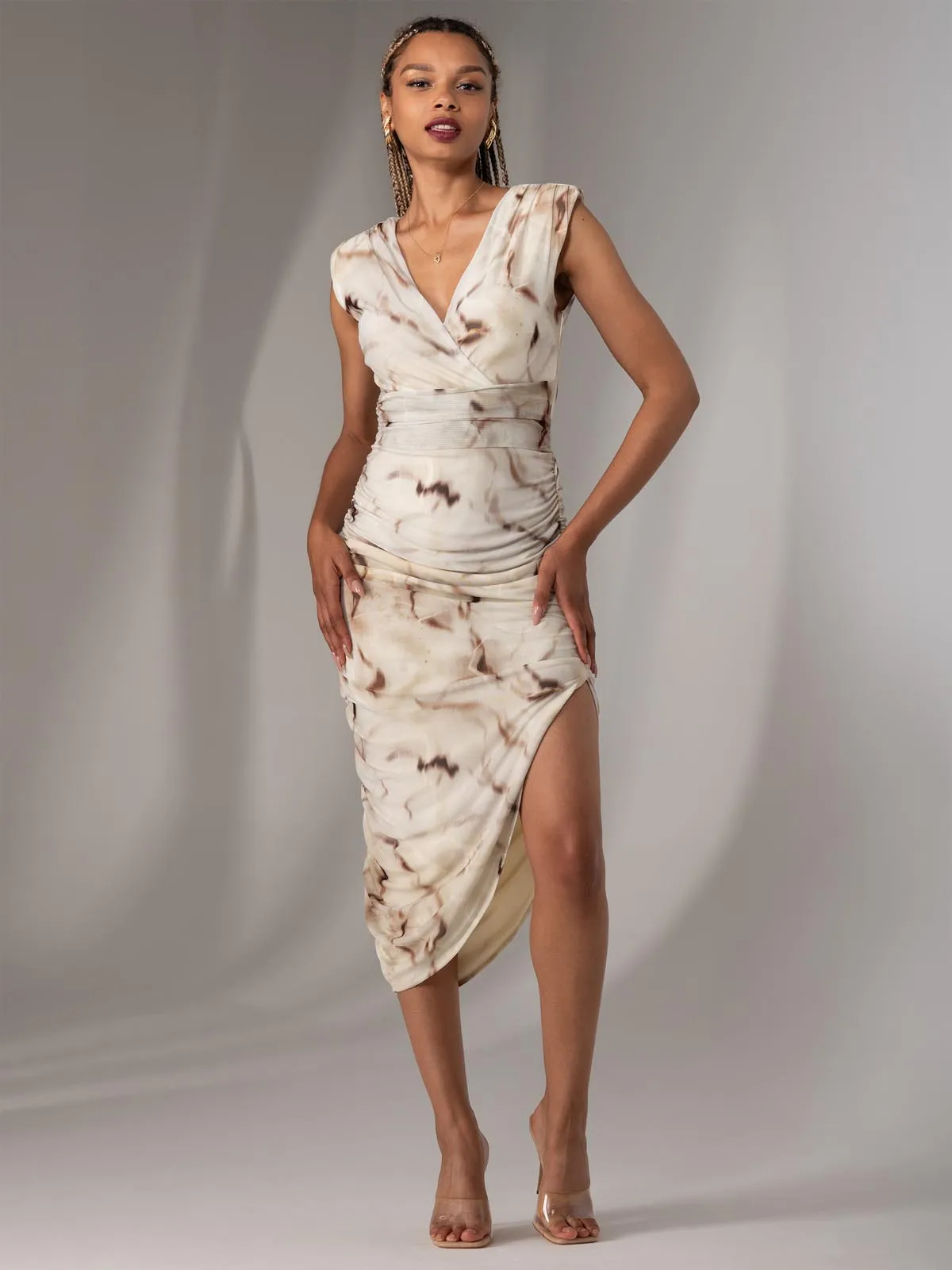 Katrina Sleeveless Ruched Bodycon Dress, Khaki Abstract