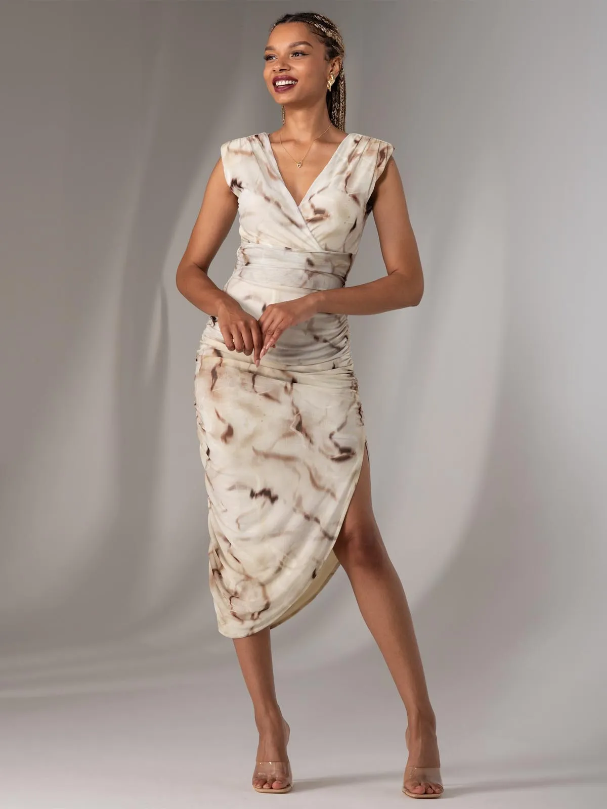 Katrina Sleeveless Ruched Bodycon Dress, Khaki Abstract