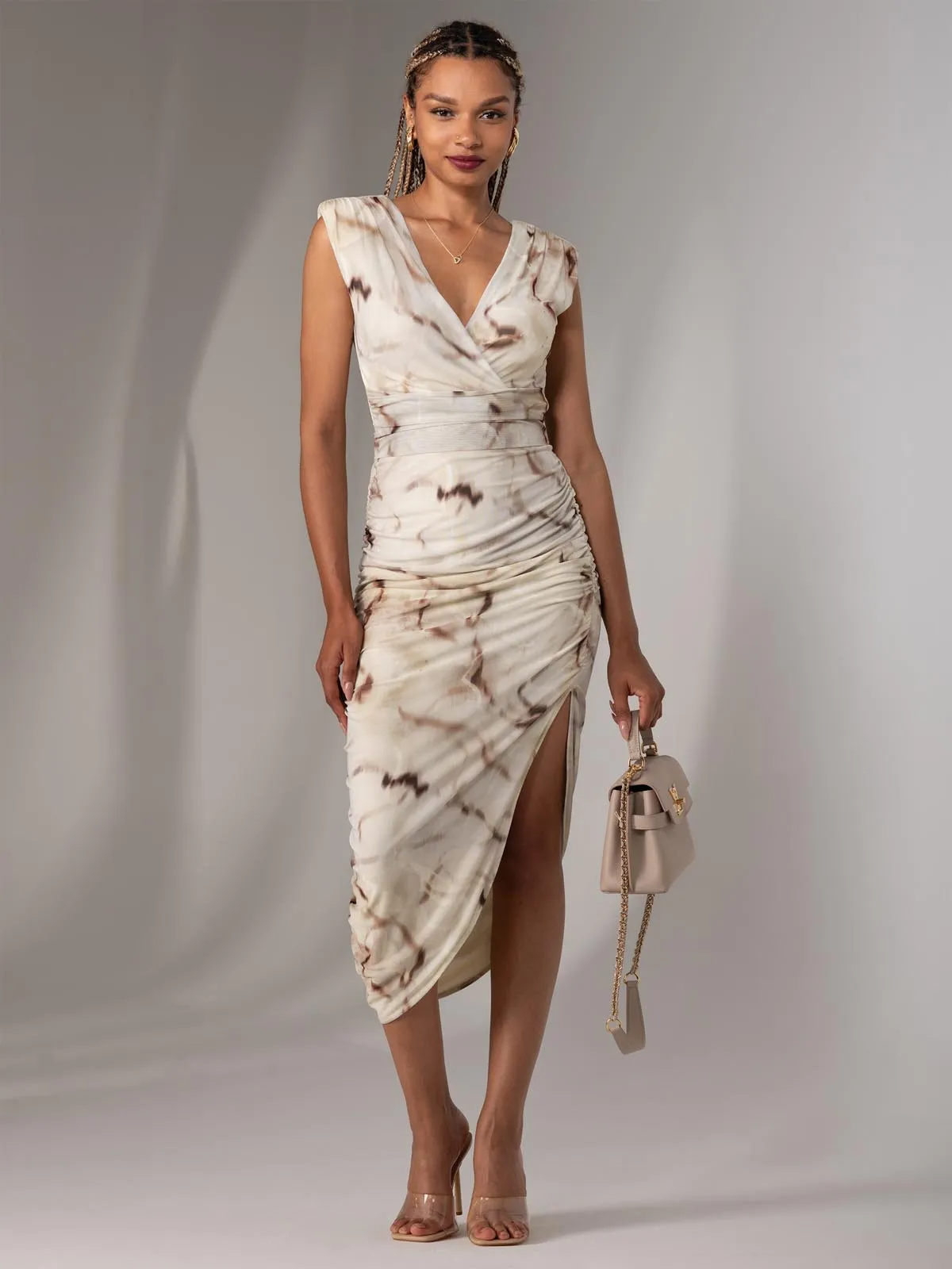 Katrina Sleeveless Ruched Bodycon Dress, Khaki Abstract