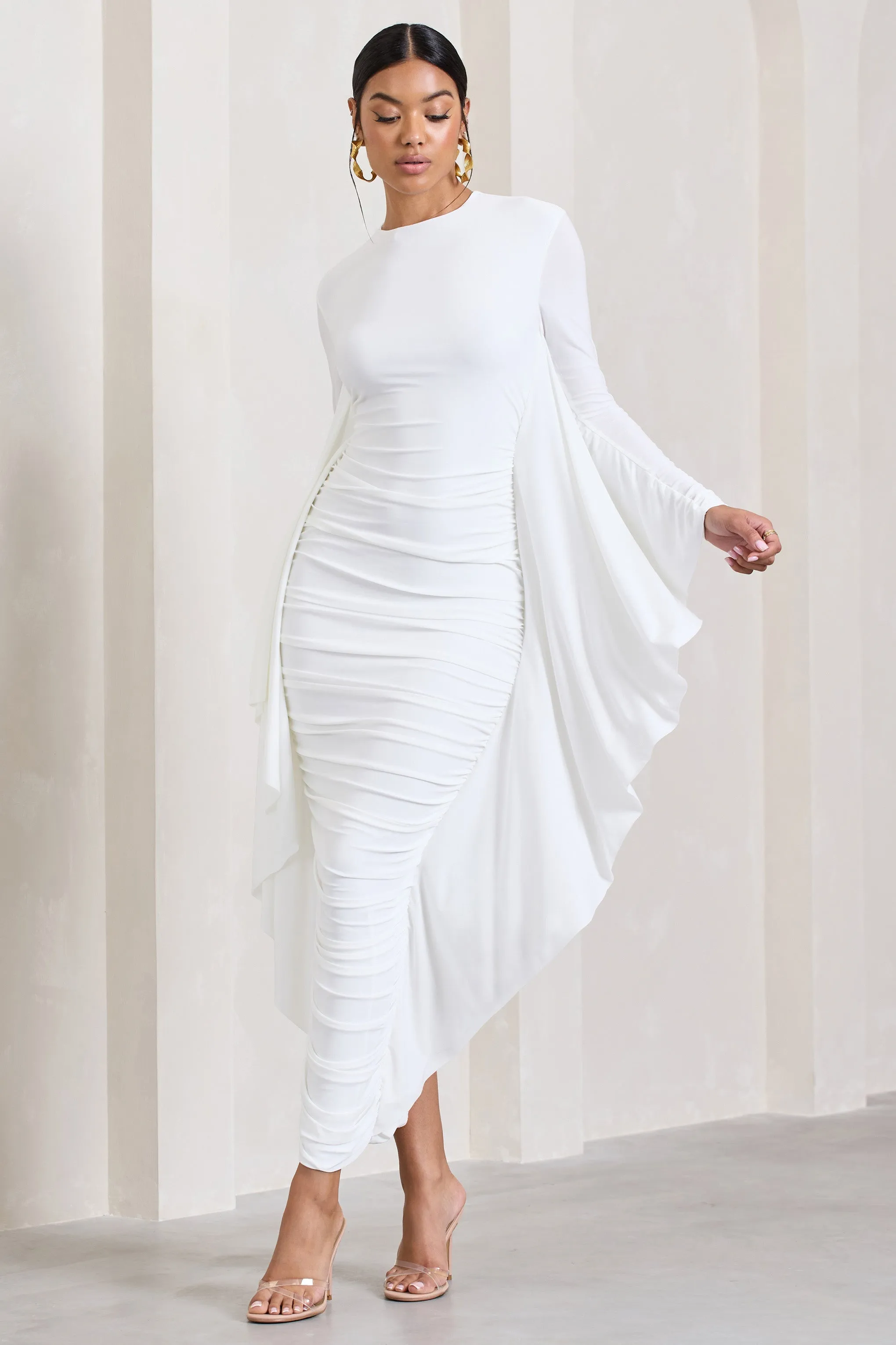 Keva | White Long Sleeve Ruched Maxi Dress with Cape Detailing