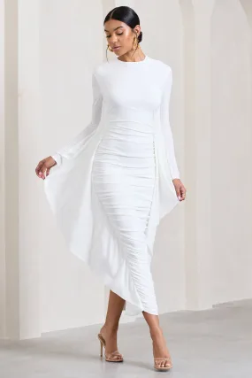 Keva | White Long Sleeve Ruched Maxi Dress with Cape Detailing