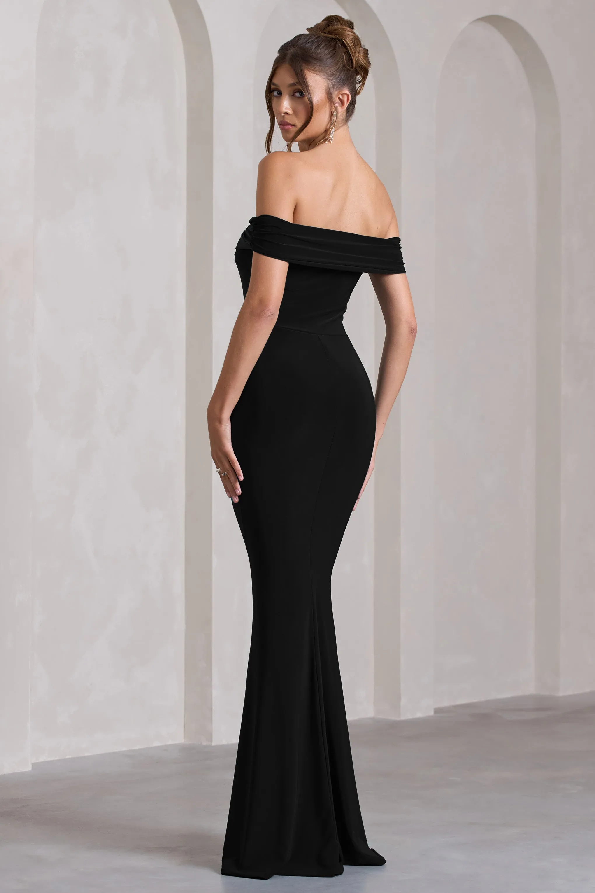 Law of Attraction | Black Bardot Draped Split Maxi Dress